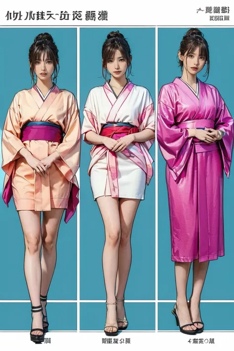 ((masterpiece)),(((Highest quality))),((Character design sheet)),Thin thighs,Long legs,masterpiece, Colorful Japanese kimono, woman, 30 years old, 