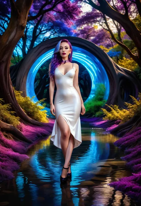 hdr, best image, 8k, photo 2;1, A BLUE RIVER, of A beautiful woman photography in hdr, from the side, white latex dress, below the knee, long purple hair, black shoes, GIGANTIC, COLORFUL TREES, a portal to another dimension, in gold, blue and purple lights