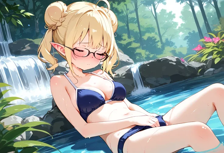 ((masturbation)), ((nsfw)), forest, beautiful waterfall, swimming, solo, (loli), (petite), ((school bikini)), (short hair), ((twintails)), (double bun), glossy blonde hair, closed eyes, (ahoge), (glasses), elf, ((blush:1.5)), ((sunny:1.5)), ((colorful wate...