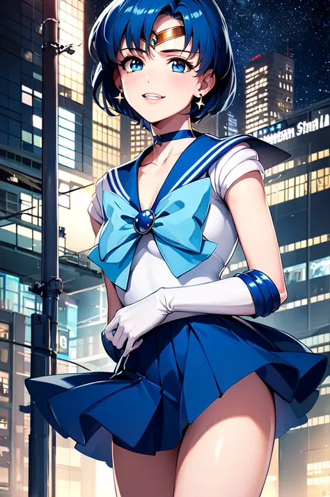 (solo, 1girl), (absurdres, highres, official wallpaper, poster), (masterpiece, best quality:1.2), (illustration, realistic), (perfect details, highest detailed, extreme detailed), dramatic light, AmiMizuno, (sailor mercury, neck ribbon, blue hair, short ha...