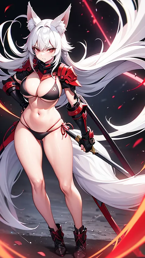 An adult woman half fox and wolf, big breasts, red eyes, white hair, very angry, in a bikini, on her back, standing, holding a sword, and very sexy