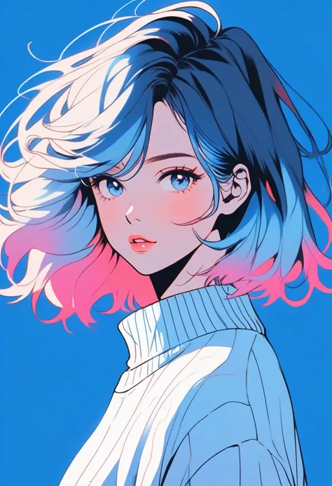 Illustration Style, anime , Realistic ,sketch , 1 Girl, ,lip, sweater,order, Blue gradient background, Neon Hair,Shortcuts,Textured Crops, Canadian, (masterpiece,Highest quality)