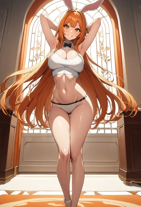 1 woman, solo, tall woman, long orange hair, straight hair ,orange eyes, (Full Breasts), (cleavagte:1.3), (armpit:1.3),(midriff peek:1.3),  High Height,masterpiece, high resolution, shiny, full body, beautiful,A cute smile that makes the viewer happy, high...