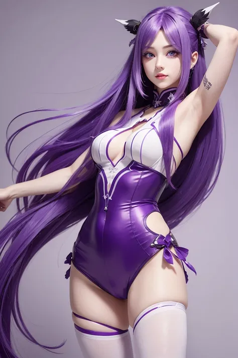 One with long purple hair with purple skin and purple eyes white and purple outfit playfully character