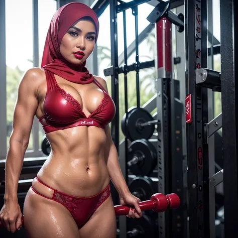 42 years Old, Sugar Mama, ((Beauty Nerd Hijab Indonesian MILF)), (Sensual Red lips : 1.5), wet Oily Tanlined Skin, (Large  : 1.2), Sport Bra, Polish Nail and face, Full body, Breast about To burst out, Realistic Detailed Perfect abs, at Gym Place, Dark lig...