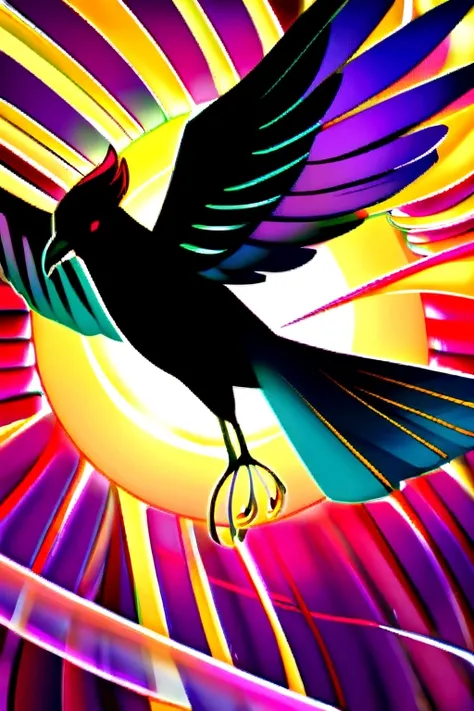 common crow, opening its wings, looking to the right,  with colorful background 