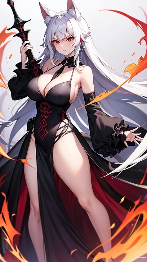 An adult woman half fox and wolf, big breasts, red eyes, white hair, very angry, in a black dress, on her back, standing, holding a sword, and very sexy