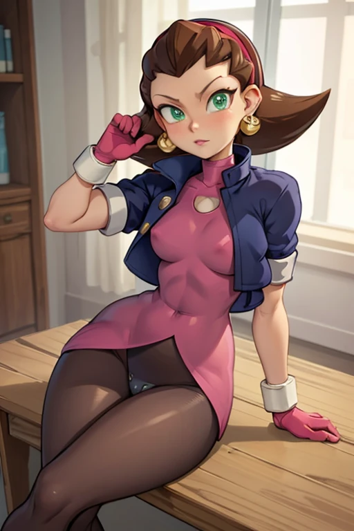 (masterpiece, best quality:1.2), solo, 1girl, tron_bonne_megamanl, looking at viewer, sitting, hand on own face, brown hair, hair pulled back, hairband, green eyes, cropped jacket, pantyhose, pink gloves, jewelry, earrings