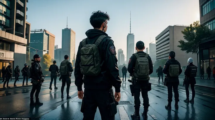 a rebel group or gang, dressed in a simple and technological way, observes the urban landscape with a mix of admiration and mela...