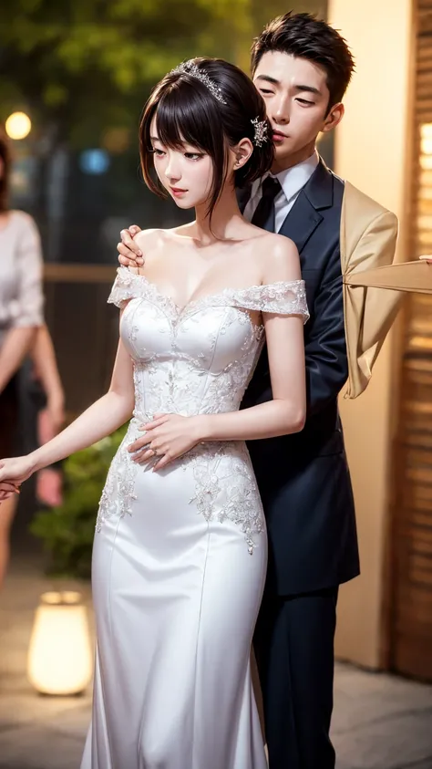 off-the-shoulder wedding dresses、Beautiful young wife、Super detailed、Particles of light:0.5、Shiny and smooth skin texture、First Night、Love each other、Beautiful clear eyes、Secret Love Affair、Sex、、Natural Texture、Short Hair、、Mature slender beauty、Small breas...