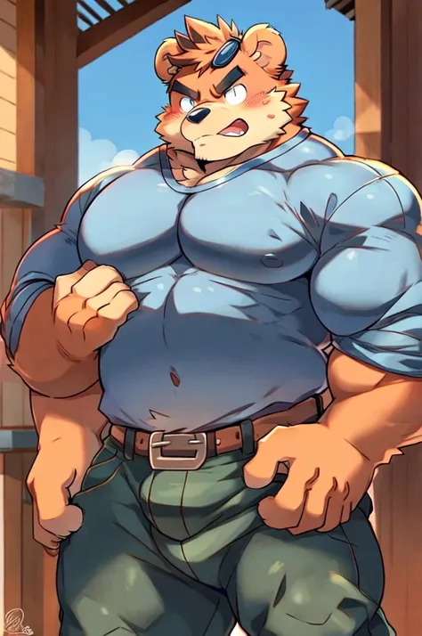 Bear, By Arashi Takemoto 1boy, animal ears, arms behind back, bara, belt, blush, breath, denim, Bear boy, Bear ears, furry, furry male, grabbing, groping, interspecies, jeans, large pectorals, male focus, muscular, muscular male, pants, pectorals, taut, up...