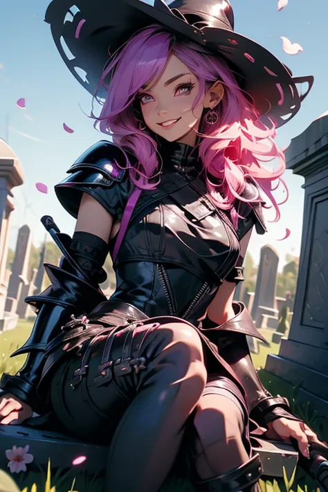 A pink haired reaper with violet eyes with an hourglass figure in leather armor is sitting on a tombstone  with her scythe in a flurry of peony petals with a big smile in a cemetery