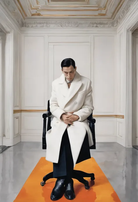 In a completely white room sits in a chair facing you, face down, a man wearing pants and a thick cotton long-sleeved coat with long sleeves and white gloves and shiny black boots. From its white head, orange watercolor emanates 