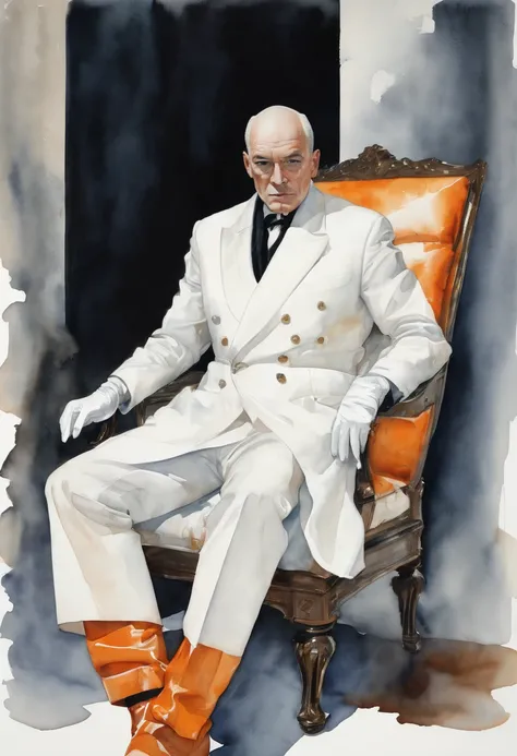 In a completely white room sits in a chair facing you, face down, a man wearing pants and a thick cotton long-sleeved coat with long sleeves and white gloves and shiny black boots. From its white head, orange watercolor emanates 