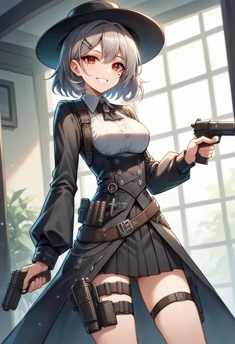 room,Idol Cross,masterpiece,Highest quality,Gray Hair, Red eyes,White shirt,(black formal hat),(Hair Clip:1.3),(Small Mouth Mole:1.3),smile,High resolution,4K,Black sleeves,whole body,Medium bob hair,Holster on waist,Point the gun at the viewer,