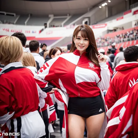 A woman in her fifties wearing red and white clothes holding a mobile phone in front of a crowd,Large Breasts, Taken with iPhone, standing in an arena, Wear athletics clothing, Ice cold! 🧊, Inside the arena pit, long shot From the back, From the back, Film...