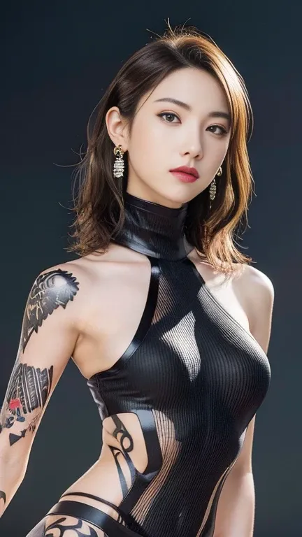 Anime-style woman, thin, thin, whole body, Full of tattoos, Lots of earrings, Beautiful and shiny hair, Rainbow Eyes, Slanted Eyes, Wavy Hair, Kind and charming, shoulderを露出させる, Delicate and sexy collarbone, Attractive oval face, double eyelid, Pink Lips, ...