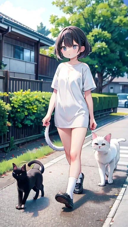 Residential Street、Confused expression、Naked girl walking、Shaved、stray cat