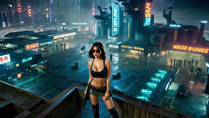 8K, Realistic Skin Texture, Realistic Photo, Neo Hong Kong, (((((1 slim western women, solo))))), large-breast:1.4 cleavage:1.3, AD2050 at night, wearing tube top, miniskirt, (((black sunglasses, automatic rifle, sneakers, cold, standing and shooting pose)...