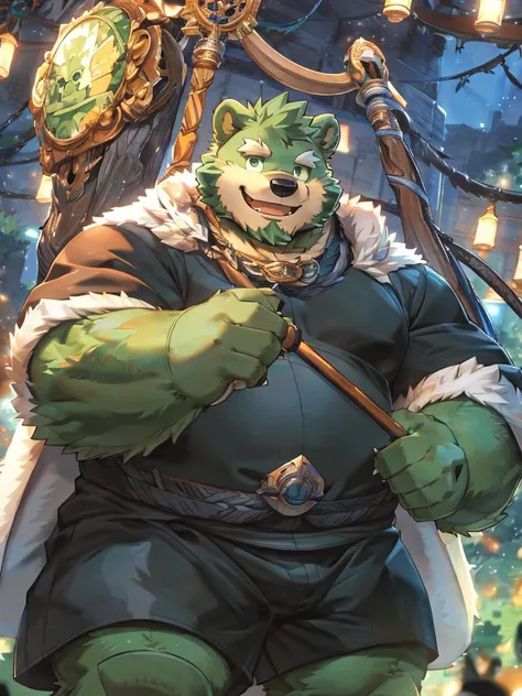 anthro, kemono, male, solo, ((round face, very plump face, thick beard)), (((dark beard))), ((endomorph body type, old-aged)), ((green bear, bear) fluffy fur, fluffy), (at old ruin, dungeons), bokeh, (high quality, highres, masterpiece), (dynamic lighting,...