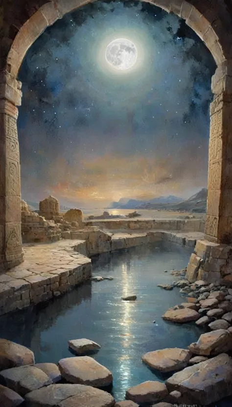 New gate to the multiuniverse spiral of geometric figures, water colour, abstract art ancient forgotten civilization, 3000 BCE, indian subcontinent, under the highway on the lake, near the banks of the indus river, starry night, bright moon, 32k, high defi...