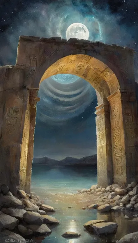 New gate to the multiuniverse spiral of geometric figures, water colour, abstract art ancient forgotten civilization, 3000 BCE, indian subcontinent, under the highway on the lake, near the banks of the indus river, starry night, bright moon, 32k, high defi...