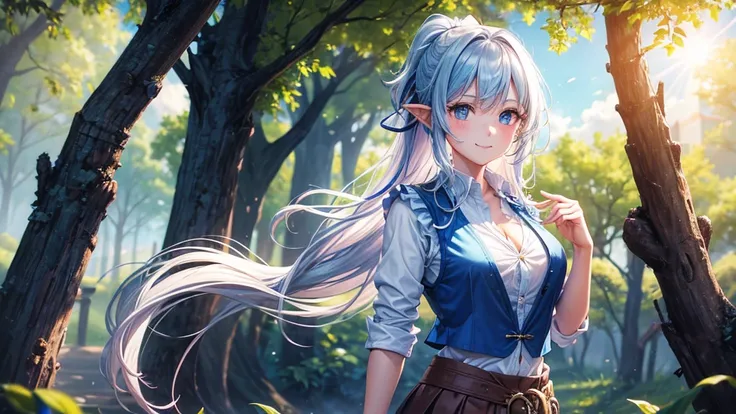 1girl, solo, full body, ((Lord of the Rings)), summer, village, trees, sun, clouds, fantasy, ((colorful hair)), curly hair, ponytail, big full breasts, ((blue vest sweeter)), button down shirt, ((white shirt)), ((short sleeved shirt)), ((unbuttoned shirt))...