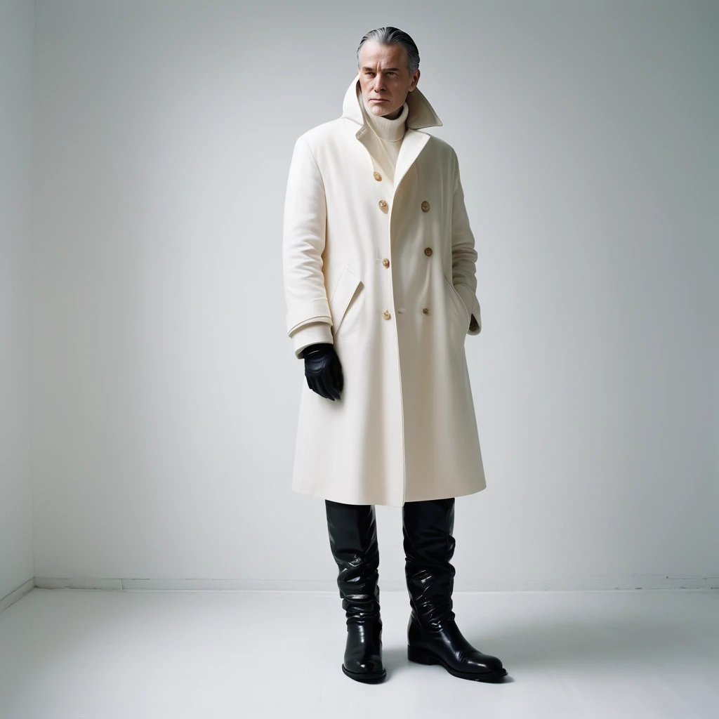 In a completely white room sits in a chair facing you, face down, a man wearing pants and a thick cotton long-sleeved coat with long sleeves and white gloves and shiny black boots. From its white head, orange smoke flow emanates 