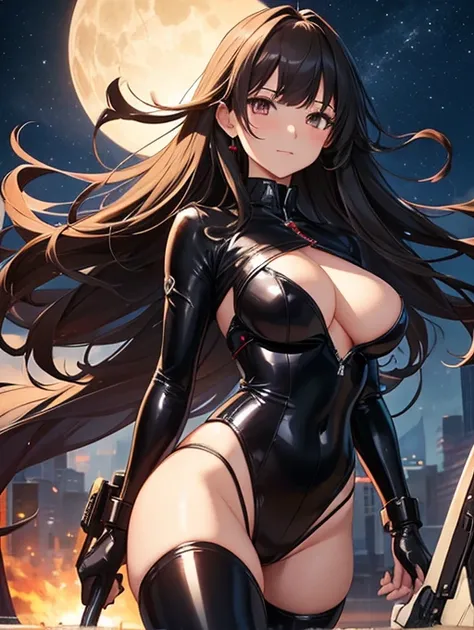 Beautiful, 170cm tall、Beautiful hair fluttering in the wind、So that your hair will flow beautifully and strongly、strong、、Bust 120cm、Big Breasts、
　Beautiful bodysuit underwear,(( Sexy Bodysuits Latex))   strong wind、prison、night、、Body stockings,Swimwear, Be...