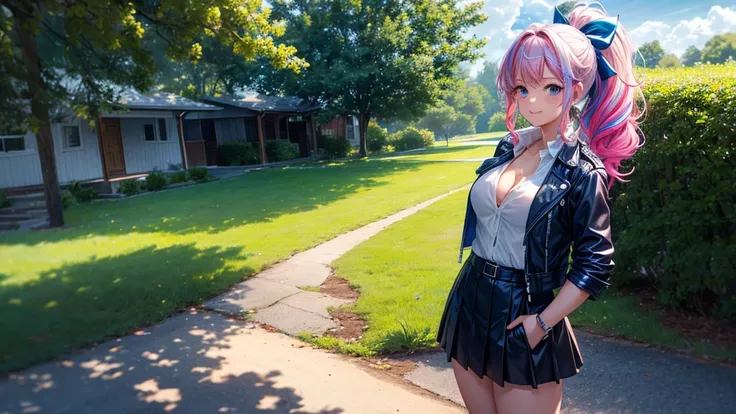 1girl, solo, full body, summer, village, trees, sun, clouds, fantasy, ((colorful hair)), curly hair, ponytail, big full breasts, ((opened blue leather jacket)), button down shirt, ((white shirt)), ((short sleeved shirt)), ((unbuttoned shirt)), unbuttoning ...