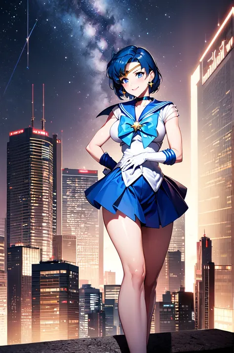 (solo, 1girl), (absurdres, highres, official wallpaper, poster), (masterpiece, best quality:1.2), (illustration, realistic), (perfect details, highest detailed, extreme detailed), dramatic light, AmiMizuno, (sailor mercury, neck ribbon, blue hair, short ha...