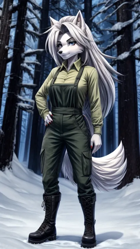 Loona from Helluva Boss, female wolf, mature adult, anthro, white hair, grey eyes, tall, green long sleeve shirt, army cargo pants, boots, vinyl apron, snow forest, snow, forest, standing, dark lighting, detailed, solo, beautiful, high quality, manhwa styl...