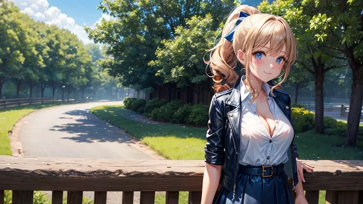 1girl, solo, full body, summer, village, trees, sun, clouds, fantasy, ((chestnut hair)), curly hair, ponytail, big full breasts, ((opened blue leather jacket)), button down shirt, ((white shirt)), ((short sleeved shirt)), ((unbuttoned shirt)), unbuttoning ...