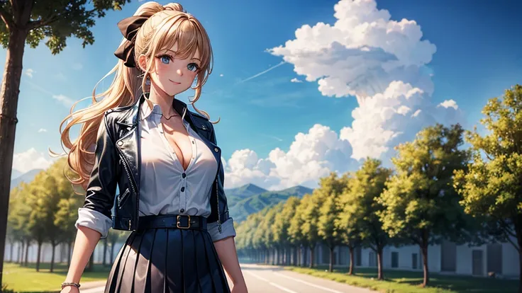 1girl, solo, full body, summer, village, trees, sun, clouds, fantasy, ((chestnut hair)), curly hair, ponytail, big full breasts, ((opened blue leather jacket)), button down shirt, ((white shirt)), ((short sleeved shirt)), ((unbuttoned shirt)), unbuttoning ...