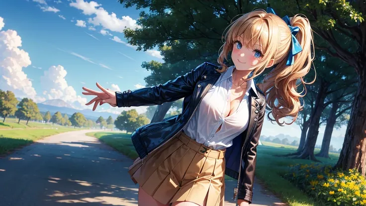 1girl, solo, full body, summer, village, trees, sun, clouds, fantasy, ((chestnut hair)), curly hair, ponytail, big full breasts, ((opened blue leather jacket)), button down shirt, ((white shirt)), ((short sleeved shirt)), ((unbuttoned shirt)), unbuttoning ...