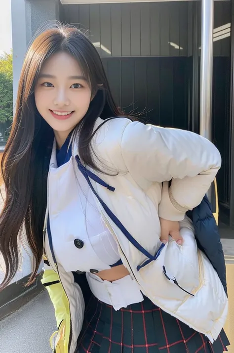 (A photo of a super cute Korean schoolgirl wearing a down jacket:1.2)(Embarrassed look,I grin in embarrassment.:1.1)(Beautiful Sweat:1.1)(16K, RAW Photos, Highest quality, masterpiece: 1.2),(Shiny and beautiful black long hair) Super detailed, Super Resolu...