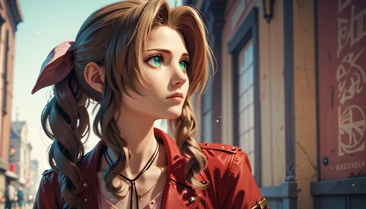 pink eyed aerith,expressionless,no pupils,looking afar