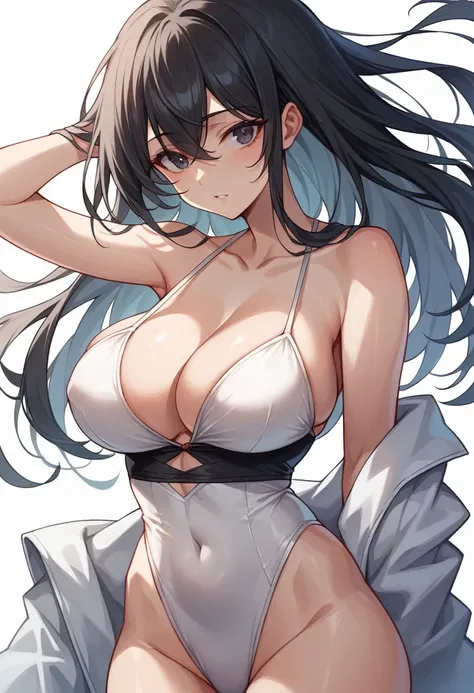 masterpiece,Highest quality,High resolution,shape,Very detailed,8k CG wallpaper,One Girl,Ray Tracing,Beautiful breasts,Long black hair, Black oversized swimsuit,White background,Waistline,Lie on your back,Big Breasts,The back is arched,