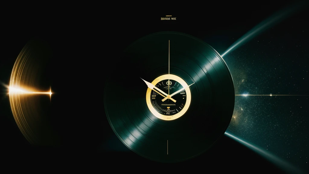 Poster Style，Dark green background，Vinyl record combined with clock，Half record, half clock，Reflecting the sense of time travel，Golden text effect for English title on the right，There is a halo of light around the record similar to a black hole，Extremely h...