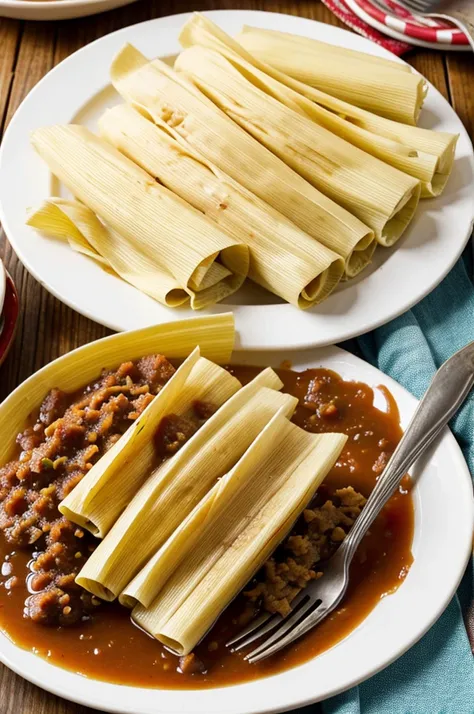 Several tamales on a plate with a fork