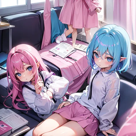 Pastel colors Student Cat-eared girl Pink hair Light purple and blue eyes