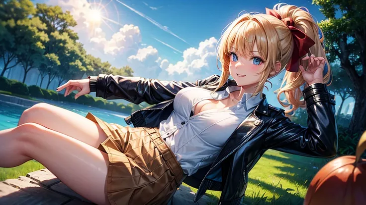 1girl, solo, full body, summer, village, trees, sun, clouds, fantasy, ((chestnut hair)), ponytail, big full breasts, ((opened blue leather jacket)), button down shirt, ((white shirt)), ((short sleeved shirt)), ((unbuttoned shirt)), unbuttoning buttons, cle...