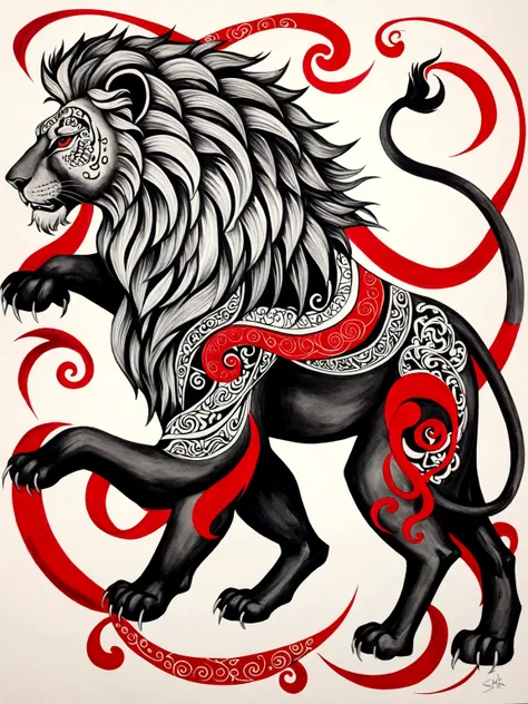 An op-art illustration of the amulet UR, depicted as a lion, designed as a black and white tattoo with red accent elements. The lion is shown in a powerful and majestic stance, with intricate details highlighting its mane, muscular form, and fierce express...