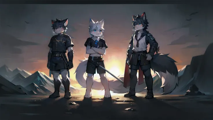 White Wolf，black hair，Sky blue eyes，hairy，Wolf ears，Wolf tail，Full body portrait，The character is in the center of the frame，Handsome，Confident eye***but，juvenile，Black and white combat uniform，Red neck bib，Black shorts，Short sleeve，hairy arms and legs，Dar...