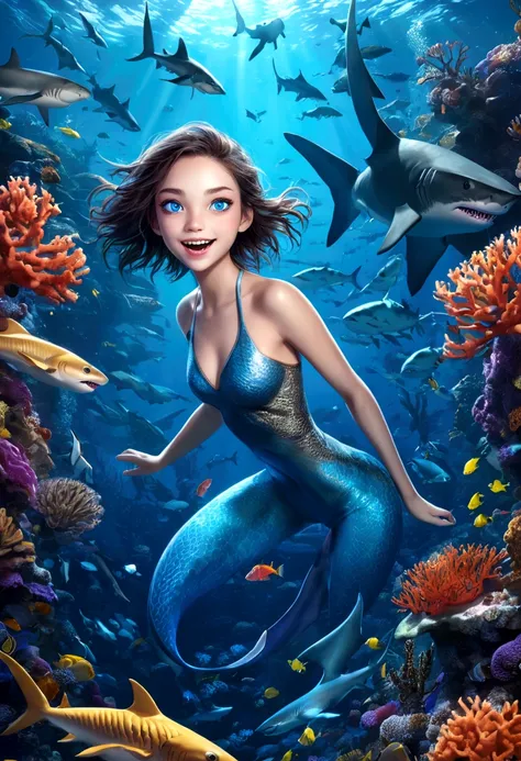 a beautiful girl with shark-like features, glowing blue eyes, sharp teeth, Fangs，scaly skin, floating in an underwater fantasy scene with kelp, coral, and schools of tropical fish, detailed realistic 3d render, cinematic lighting, vivid colors, concept art...