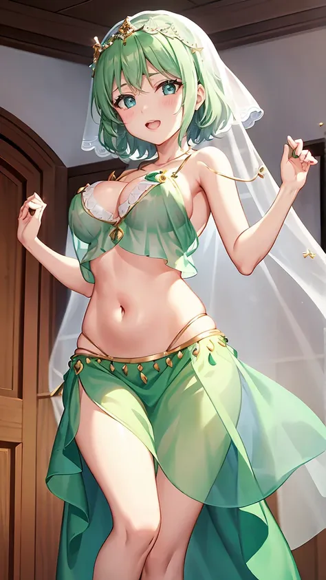 Girl with short green hair, Small breasts, Green Eyes, White Casual Wear Beauty Special、((((tits)))),Full body photo from head to toe、Belly dance、Dancer、National costume、See-through、Angle Shot、Decoration、Luxury accessories、Face Veil、Dancing by rotating on ...