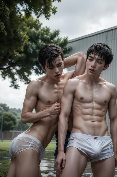 Men playing in the rain with just little white underwear they are teenagers 