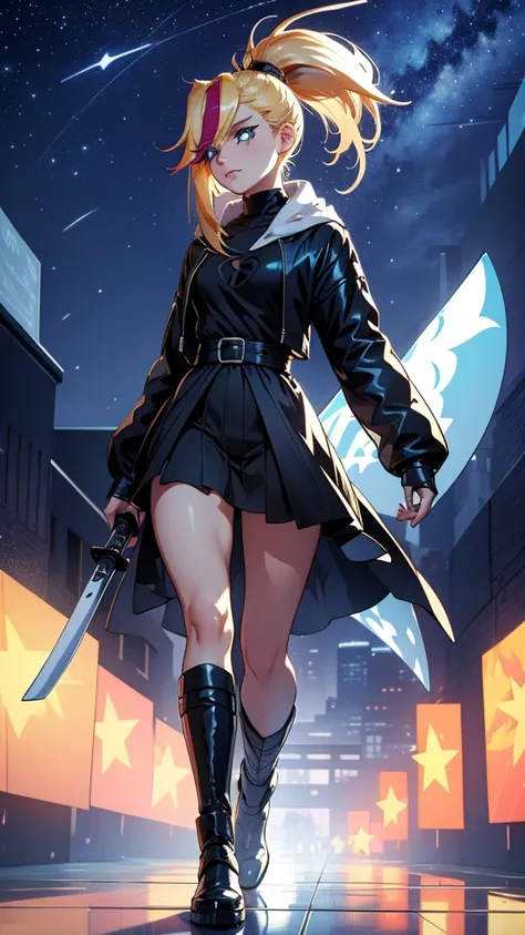 1 girl, ultra long hair, ultra detailed face, glowing lips, glowing blue eyes, very long ponytail, elegant walk, catwalk, holding down a  giant katana, blonde, long eyelashes, long boots , looking to the sky, starry sky, a ultra giant katana 