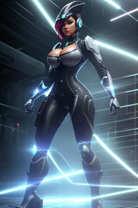 a girl wearing mecha cyber armor,technology bodysuit,smart lines in the costume, thick thighs,cleavage,tech boots,tech gloves,(mechanized valkyrie girl),full body,high heels,intricate details,hyper realistic,8k,award winning,cinematic lighting,dynamic pose...