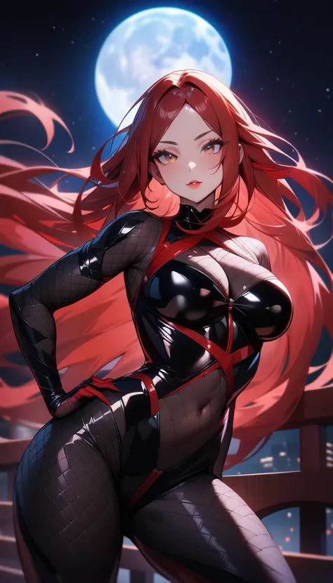 1girl,solo,super detailed skin,shiny skin,natural face, ,eyelashes,lips gloss,red hair,long hair,parted bangs ,large breasts ,ninja style ,body suit,fishnet,contrapposto,night bridge,large moon,masterpiece,best quality,ultra detailed,high resolution,sharp ...